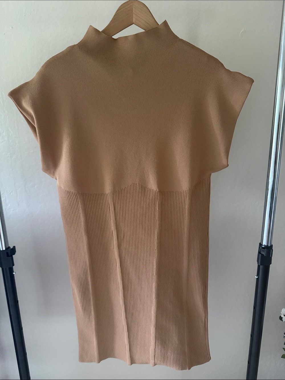 Anthropologie Camel-Tan Mini Sweater Dress Cap Sleeve Knit Size L - Picture 5 of 9